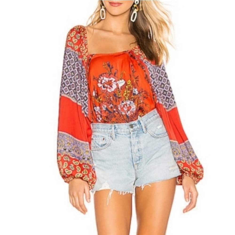 FREE PEOPLE Positano Printed Blouse Handkerchief Hem Puffy LS Red/Orange Size S